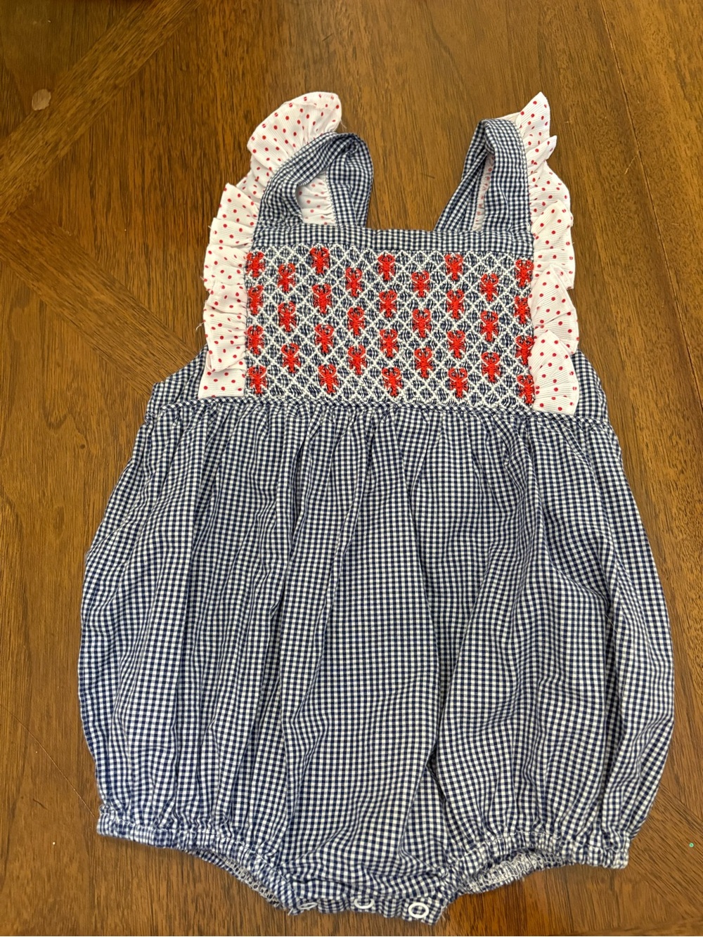 Blue Gingham Baby Romper with Red Smocked Detail